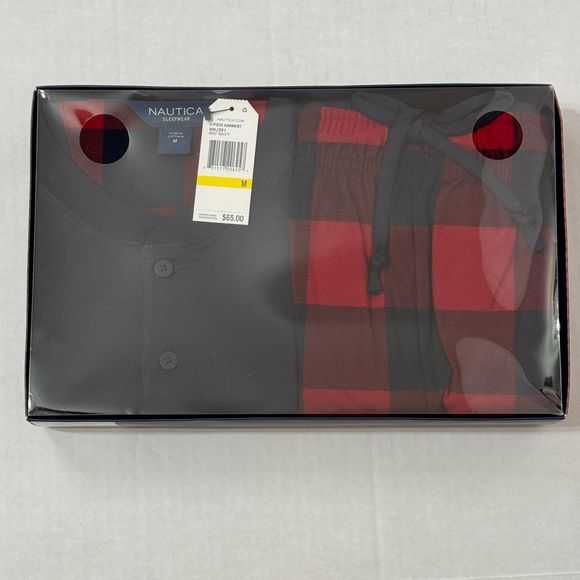 Nautica Sz M Men's PJ Set Navy/Red Multi Henley Cozy Pants - Picture 5 of 14